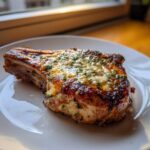 A juicy, bone-in Cheddar Ranch Pork Chop topped with melted cheese and fresh herbs, served on a white plate.