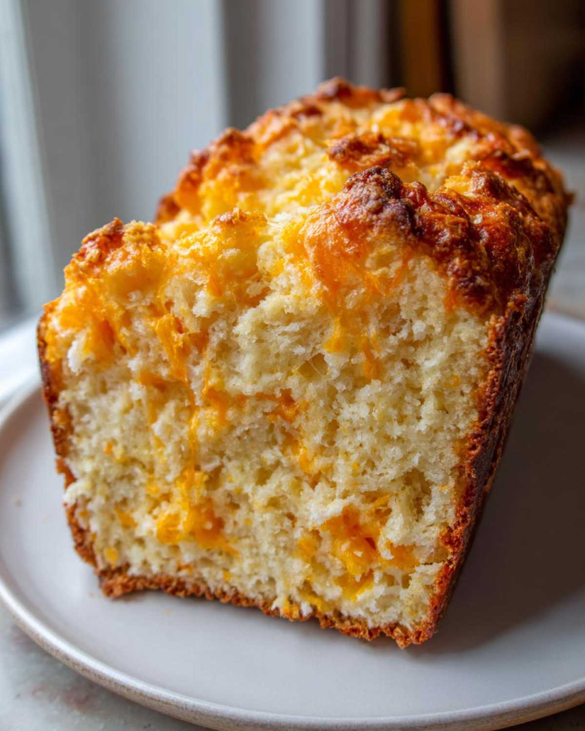 A close-up view of a freshly baked loaf of Cheese Bread Quick Bread 30 Minutes, showing the golden crust and melted cheddar cheese throughout the crumb.
