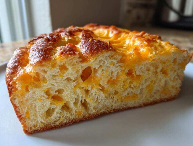 Cross-section of a slice of golden-brown Cheese Bread Quick Bread 30 Minutes showing fluffy interior and melted cheddar cheese.