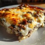 Close-up of a hearty slice of Cheesesteak casserole with a thick, bubbly, golden-brown melted cheese topping.