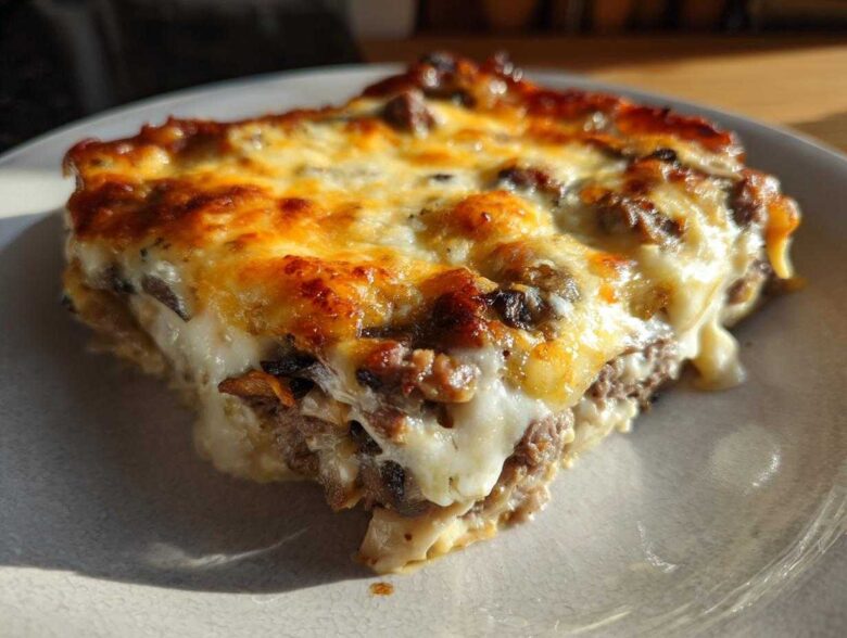 Close-up of a hearty slice of Cheesesteak casserole with a thick, bubbly, golden-brown melted cheese topping.