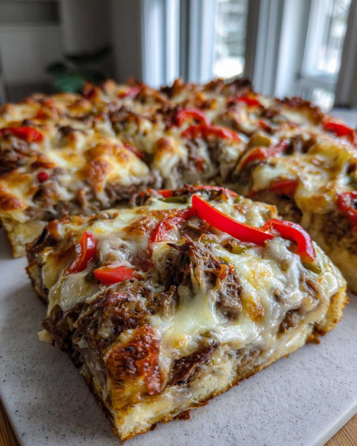 A close-up slice of baked Cheesesteak casserole topped with melted cheese, steak, and red peppers.