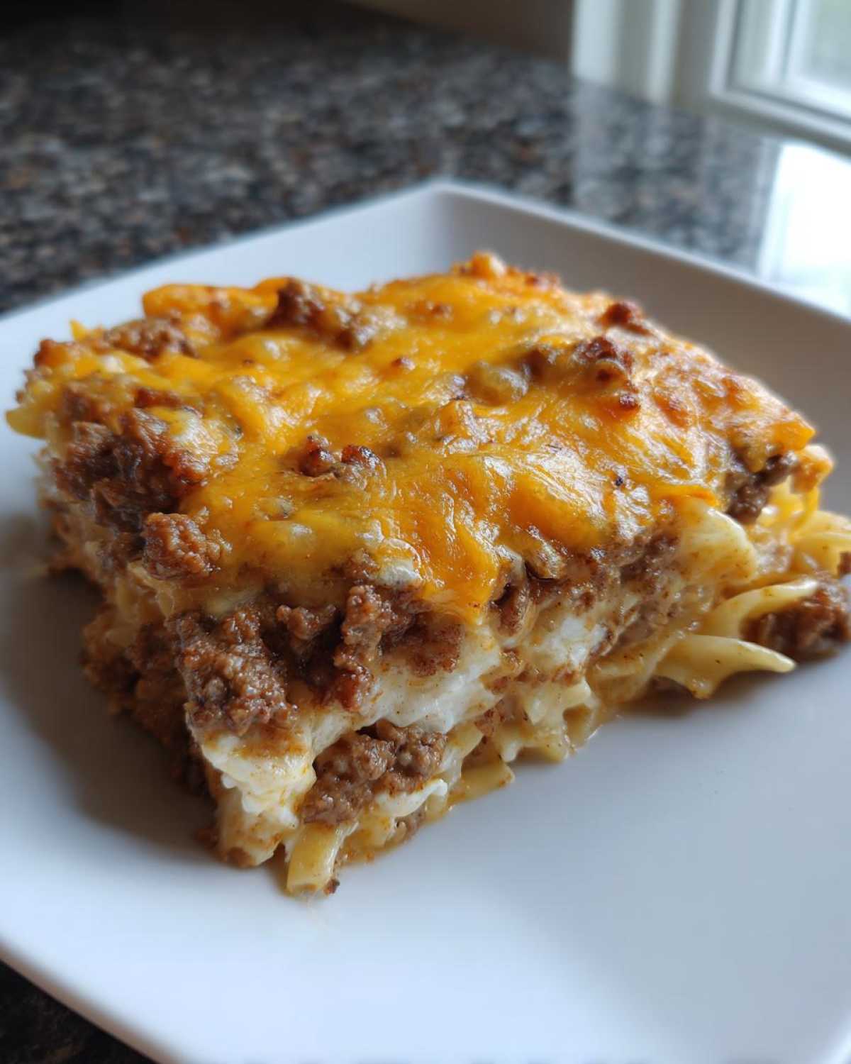 A close-up serving of Cheesy Hamburger Casserole featuring layers of ground beef, pasta, and a thick, melted cheddar cheese topping.