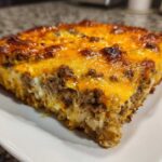 A close-up slice of Cheesy Hamburger Casserole showing browned ground beef and a bubbly, golden melted cheddar cheese topping.