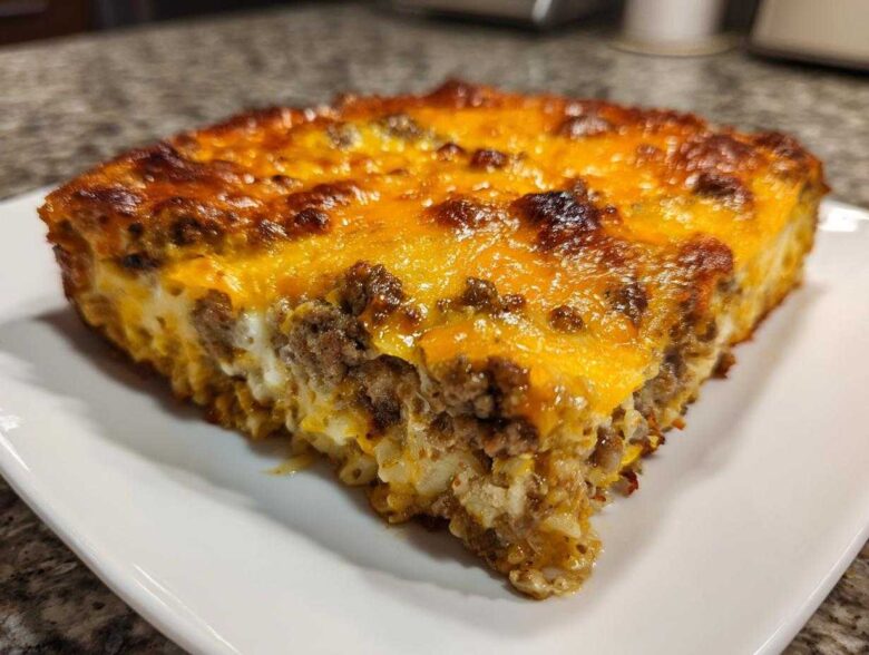 A close-up slice of Cheesy Hamburger Casserole showing browned ground beef and a bubbly, golden melted cheddar cheese topping.