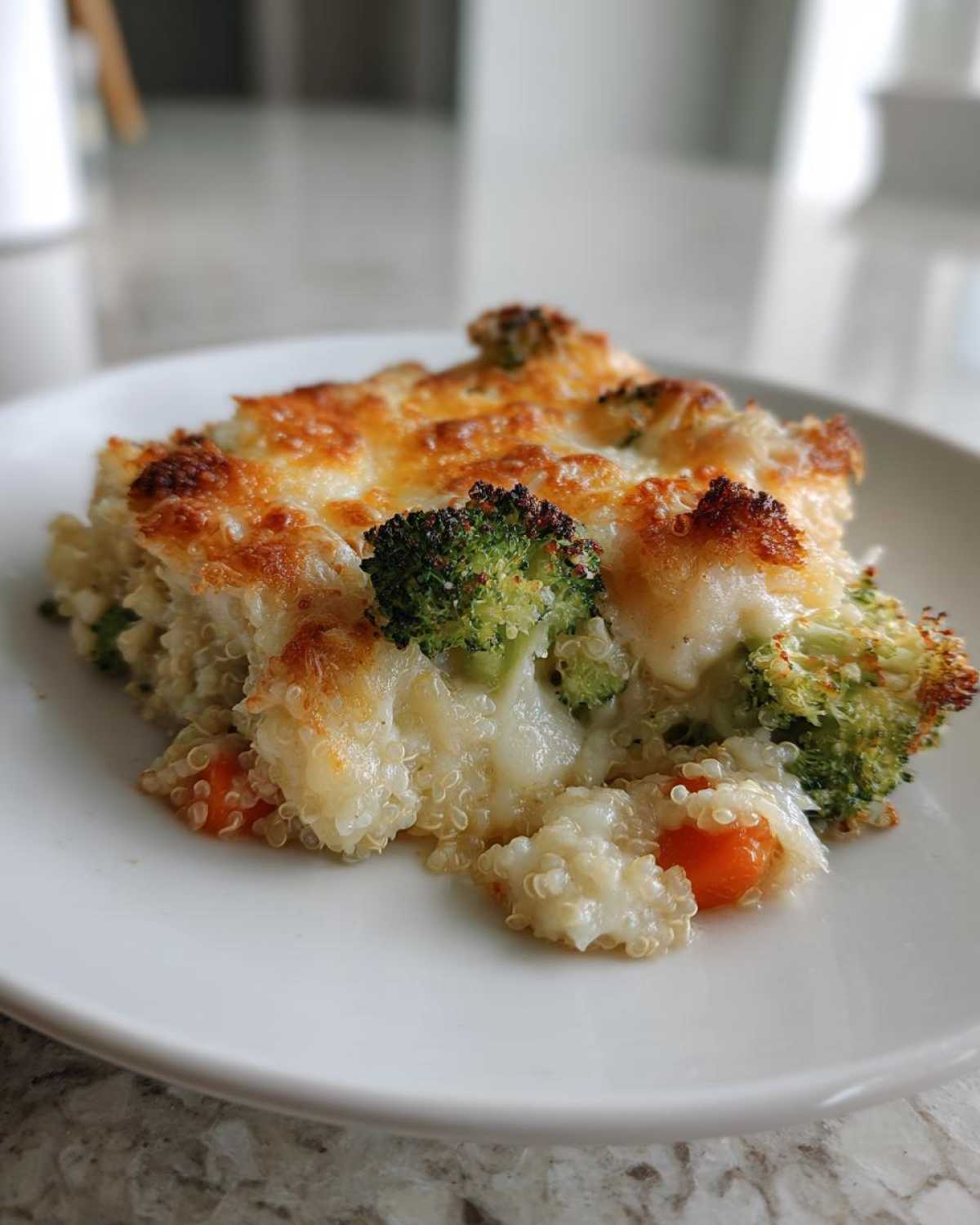 A close-up serving of Cheesy Veggie Quinoa Casserole featuring quinoa, bright green broccoli florets, and melted, browned cheese topping.