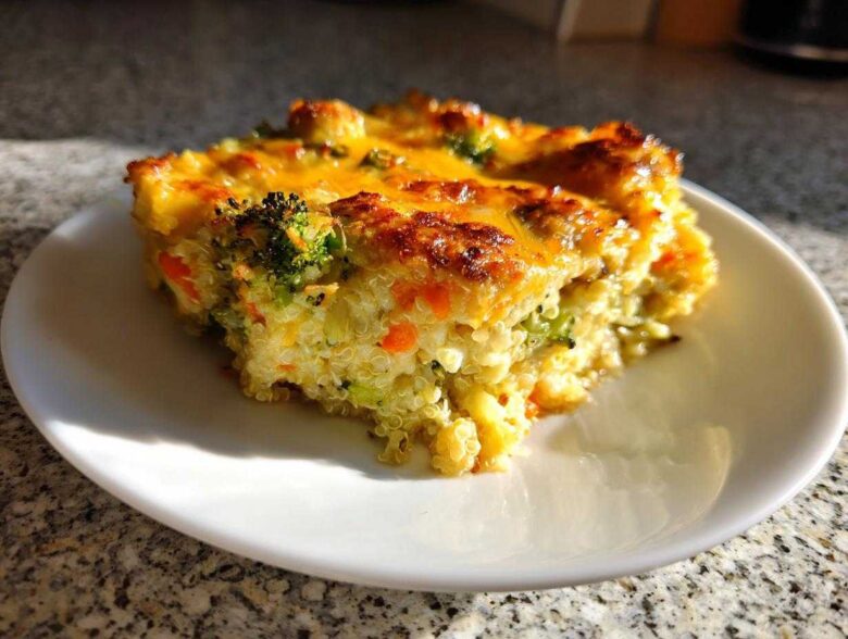 A square slice of Cheesy Veggie Quinoa Casserole topped with melted, browned cheese, served on a white plate.