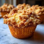 A close-up of a freshly baked Cherry Cheesecake Muffin featuring a thick, golden buttery streusel topping.