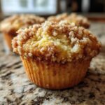 A close-up, low-angle shot of a Cherry Cheesecake Muffin with Buttery Streusel Topping resting on a granite counter.
