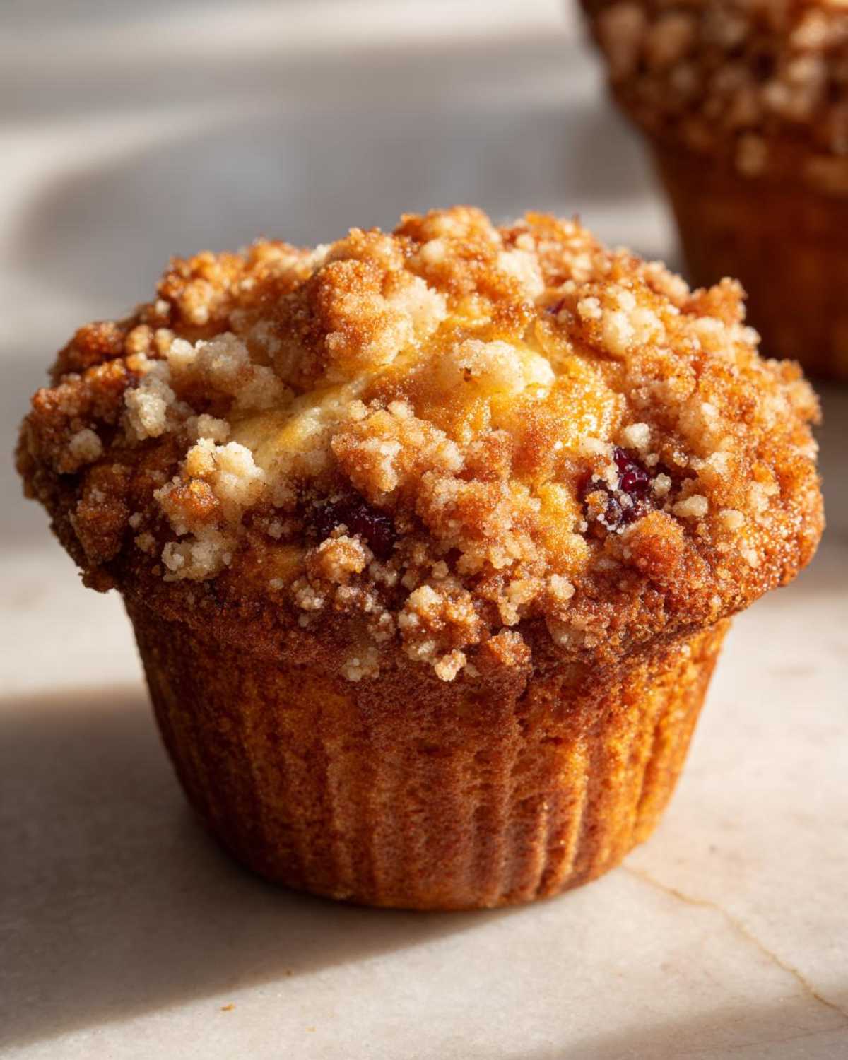 A close-up of a freshly baked Cherry Cheesecake Muffin topped generously with buttery streusel topping.