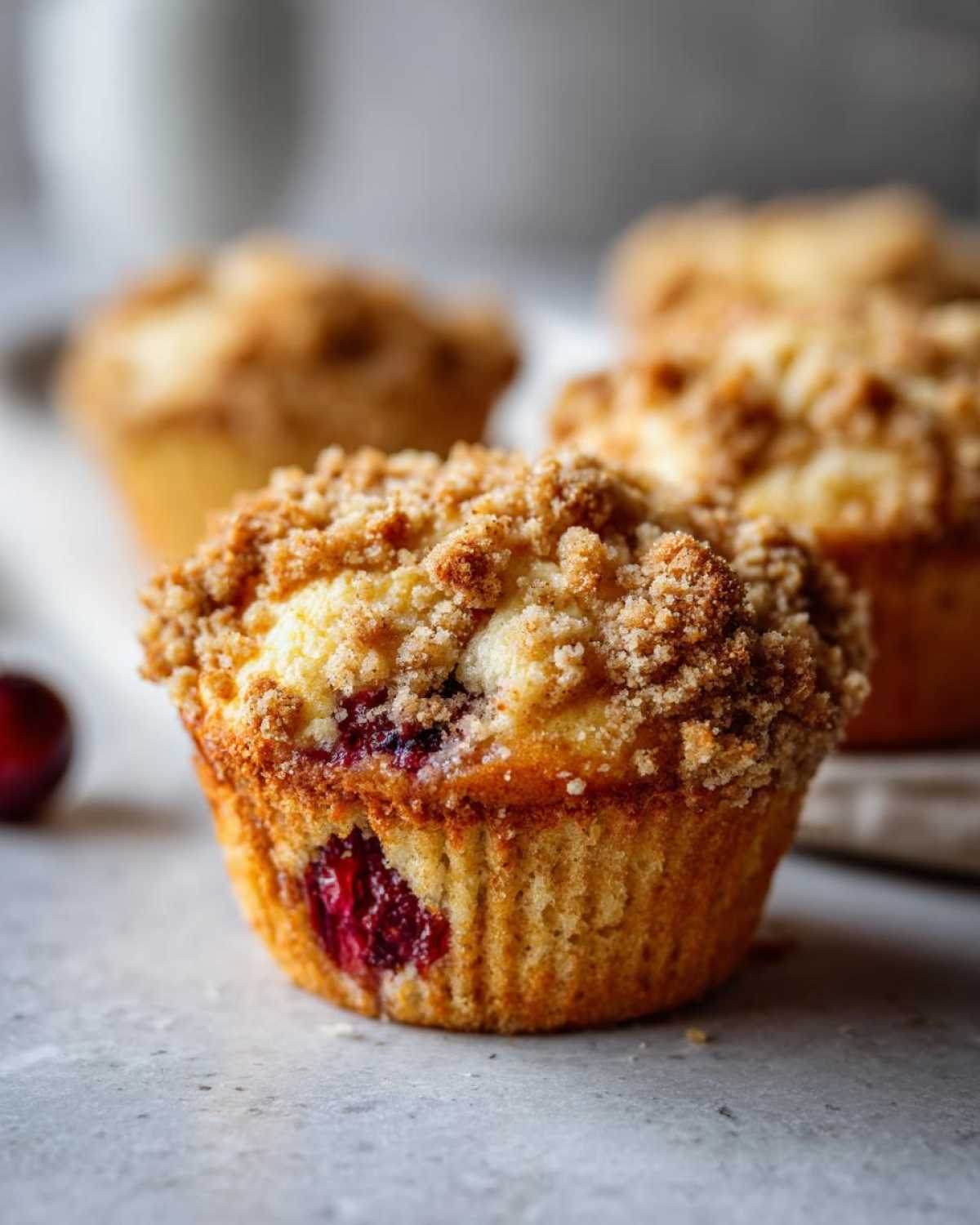 A close-up of a freshly baked Cherry Cheesecake Muffin with Buttery Streusel Topping, showing a visible cherry inside.