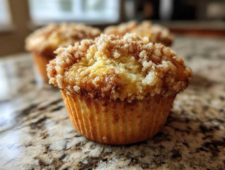 A close-up, low-angle shot of a Cherry Cheesecake Muffin with Buttery Streusel Topping resting on a granite counter.