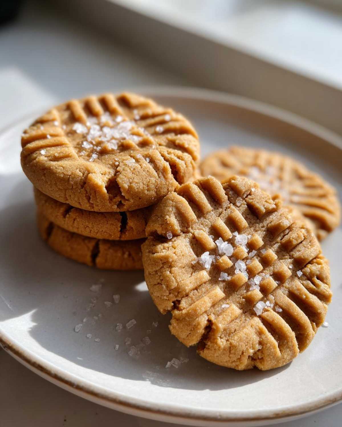 Close-up of chewy Peanut Butter Cookies stacked and sprinkled with flaky sea salt.