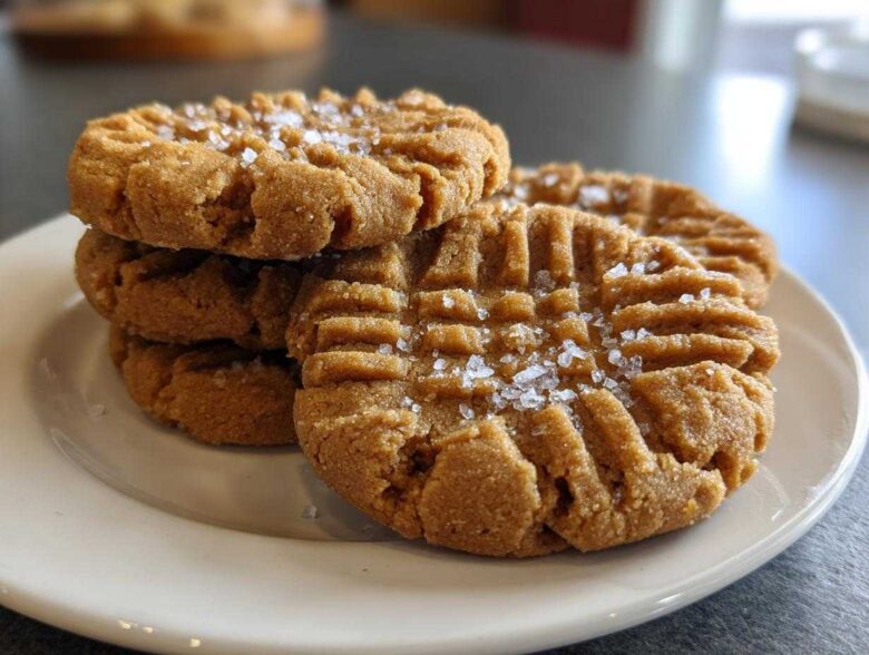 Close-up of a stack of chewy Peanut Butter Cookies, fork-pressed with sea salt sprinkled on top.
