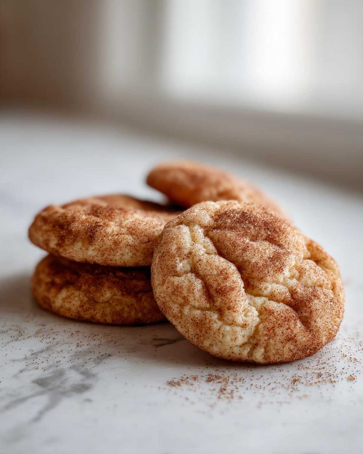 A stack of soft, chewy Snickerdoodle Cookies generously coated in cinnamon sugar, resting on a white marble surface.