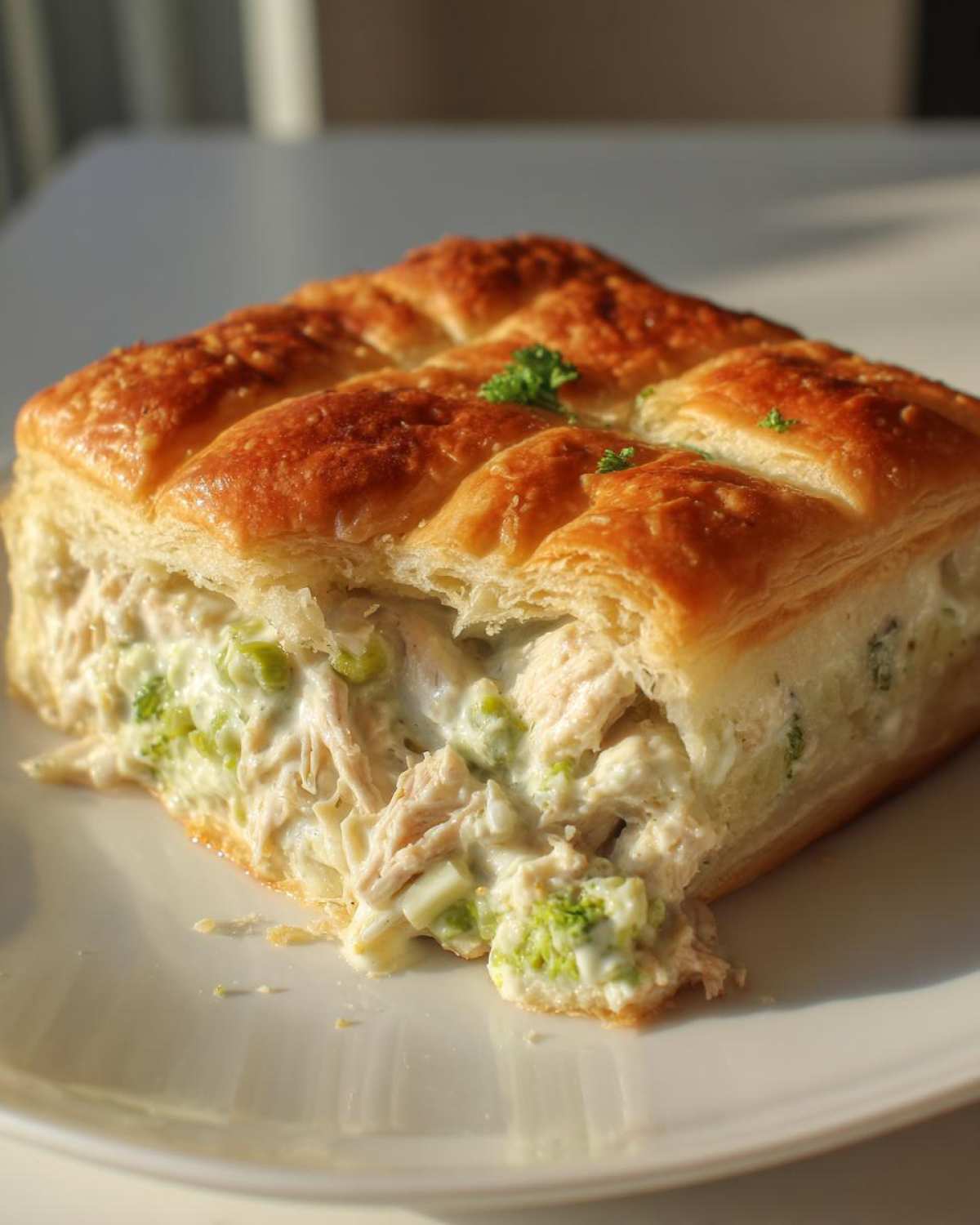 Close-up of a square slice of Chicken Crescent Roll Casserole showing creamy chicken and broccoli filling inside golden pastry.
