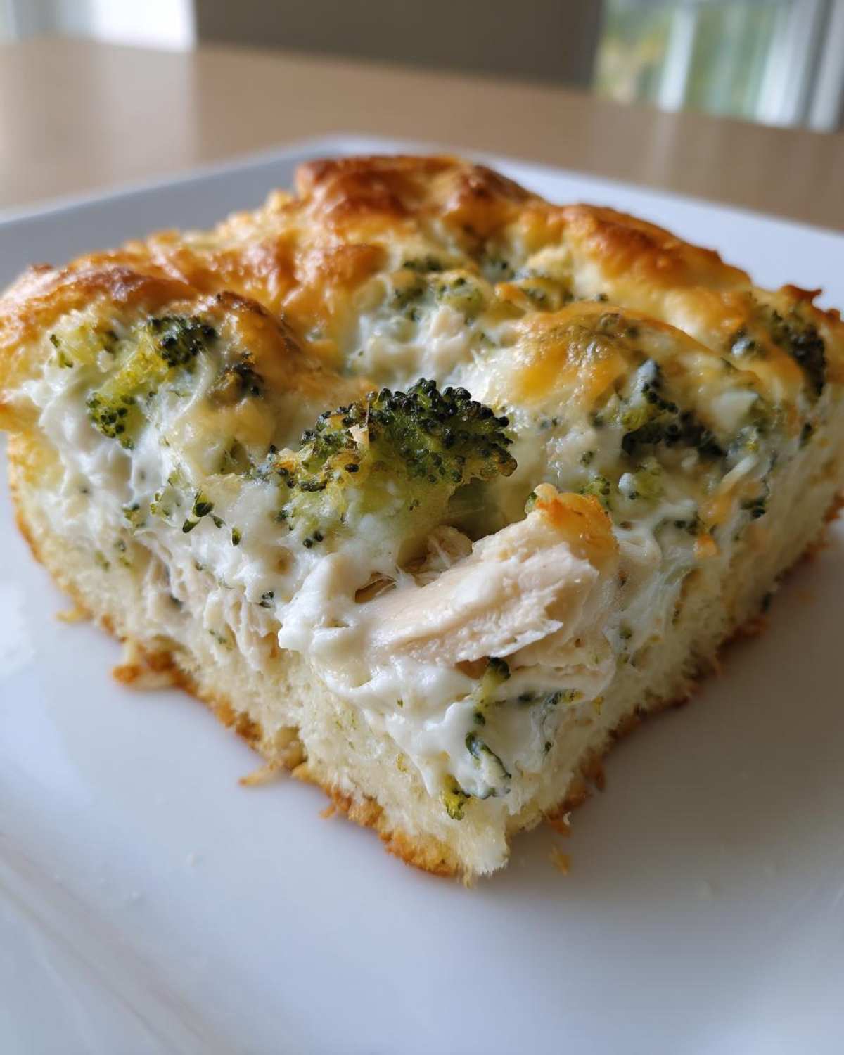 A close-up of a square slice of Chicken Crescent Roll Casserole featuring creamy filling, chicken pieces, and broccoli florets on a white plate.