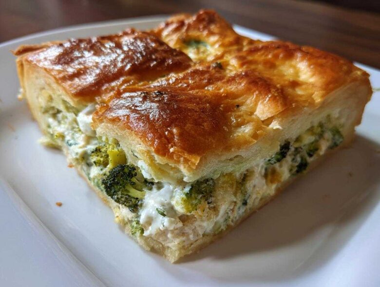 A close-up of a square slice of Chicken Crescent Roll Casserole showing a golden crust and creamy broccoli filling.