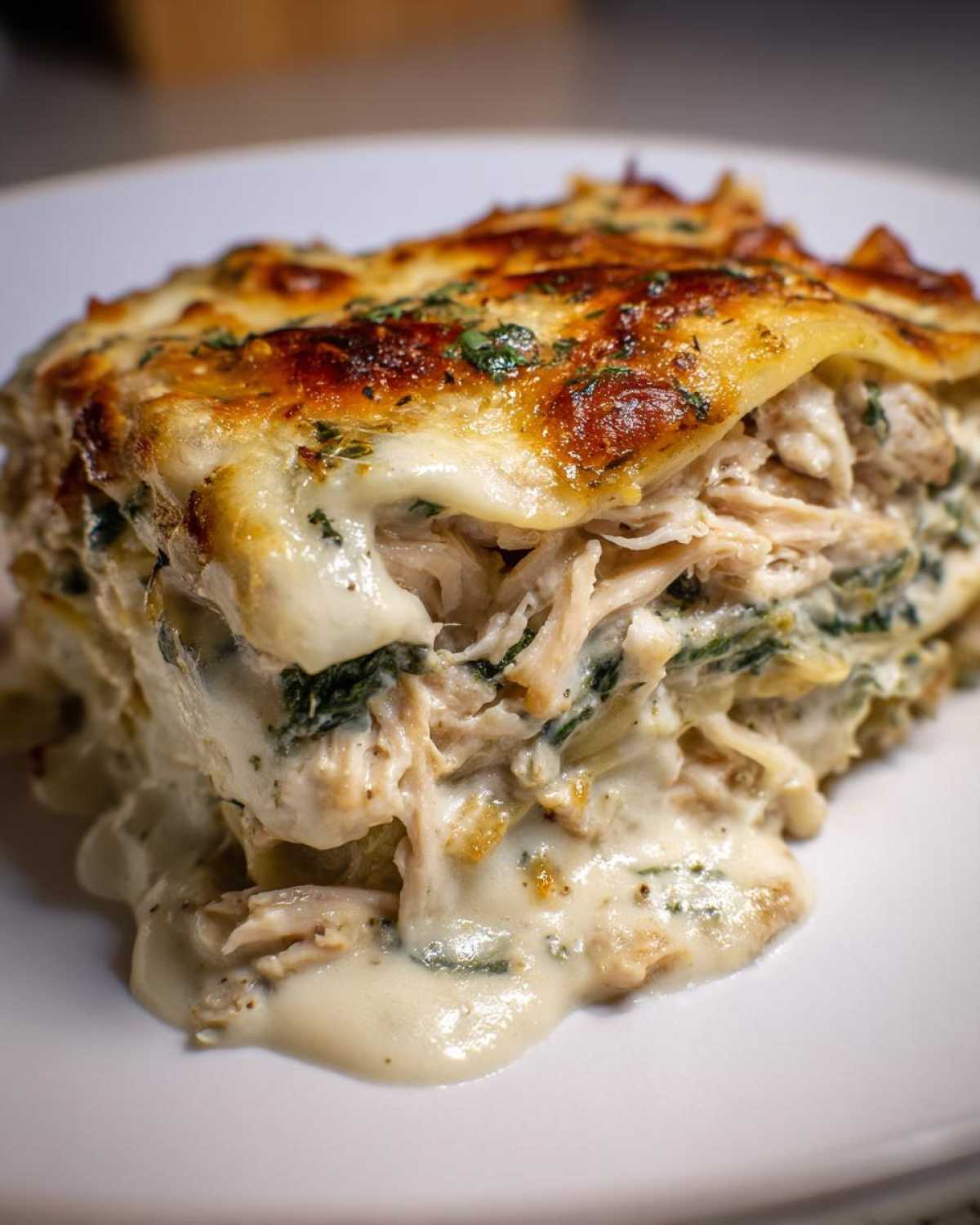 Close-up of a rich slice of Chicken Lasagna Spinach with melted cheese and shredded chicken.