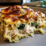 Close-up of a rich slice of Chicken Lasagna Spinach showing layers of shredded chicken, green spinach, and creamy sauce, topped with browned cheese.