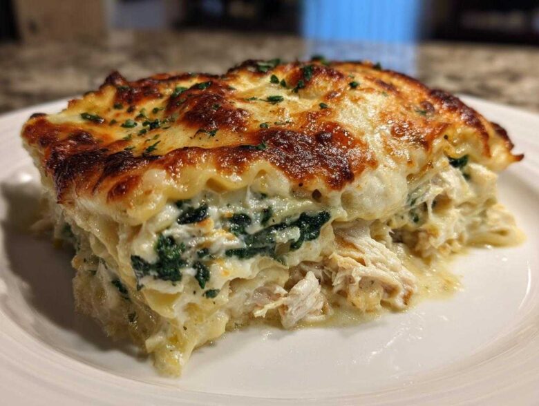A close-up of a rich slice of Chicken Lasagna Spinach showing layers of pasta, creamy sauce, shredded chicken, and green spinach.