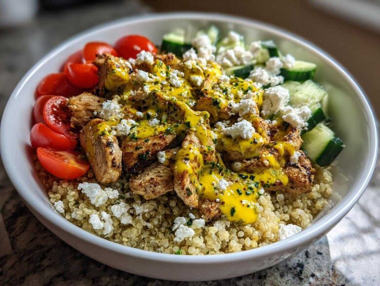 A vibrant Chicken Quinoa Bowl featuring grilled chicken pieces topped with yellow sauce and feta, served over quinoa with cherry tomatoes and cucumbers.