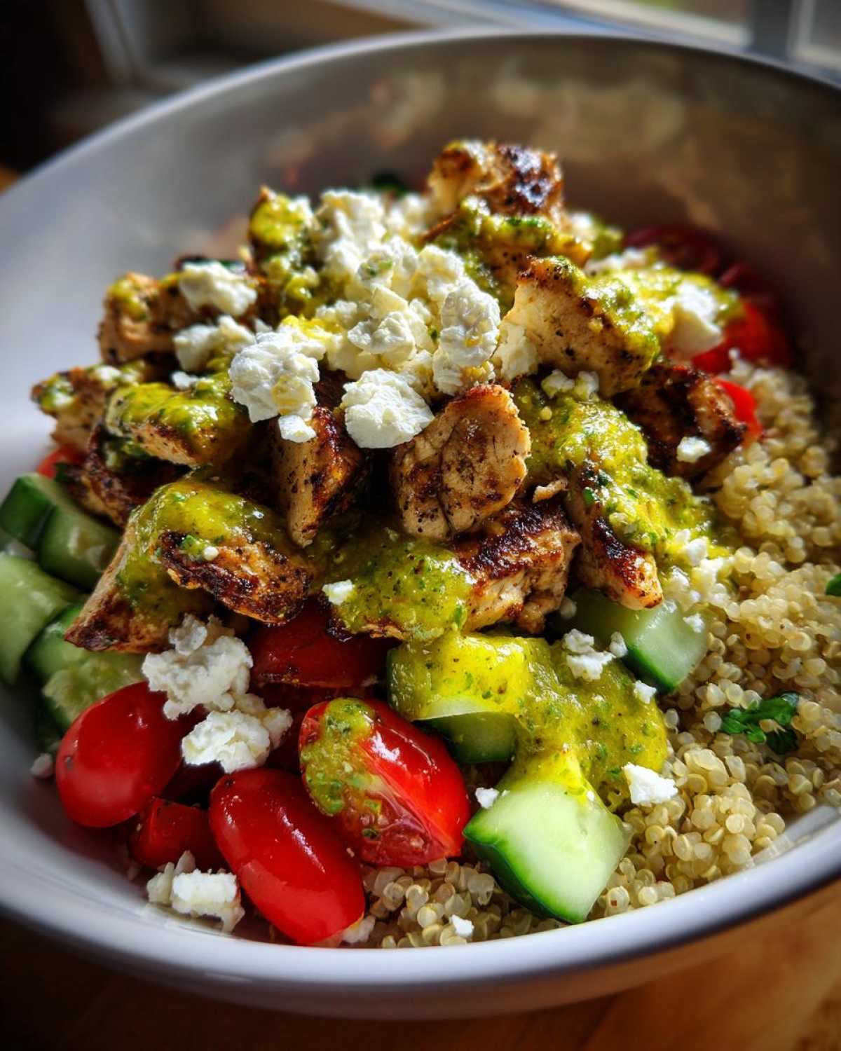 A vibrant Chicken Quinoa Bowl featuring grilled chicken chunks, quinoa, cherry tomatoes, cucumber, feta cheese, and a bright green sauce.