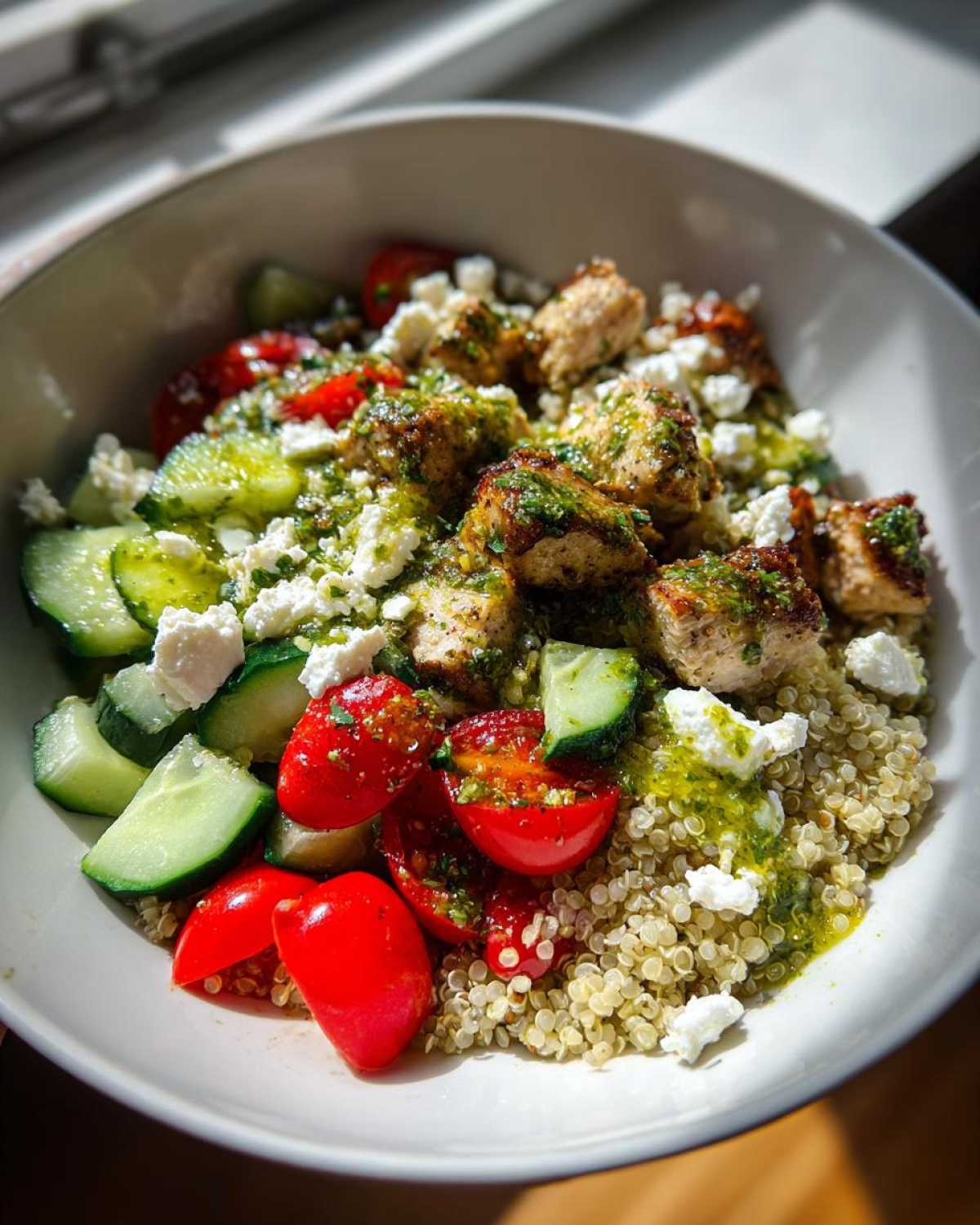 A vibrant Chicken Quinoa Bowl featuring seasoned chicken pieces, quinoa, cherry tomatoes, cucumbers, feta cheese, and green pesto dressing.