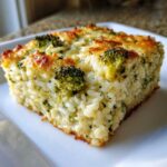 Close-up of a square slice of creamy Chickpea Broccoli Rice Casserole Vegan Meal with a golden-brown top.