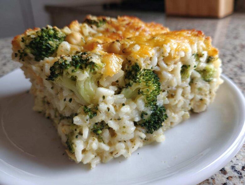 A square serving of creamy Chickpea Broccoli Rice Casserole Vegan Meal with a golden, cheesy top.