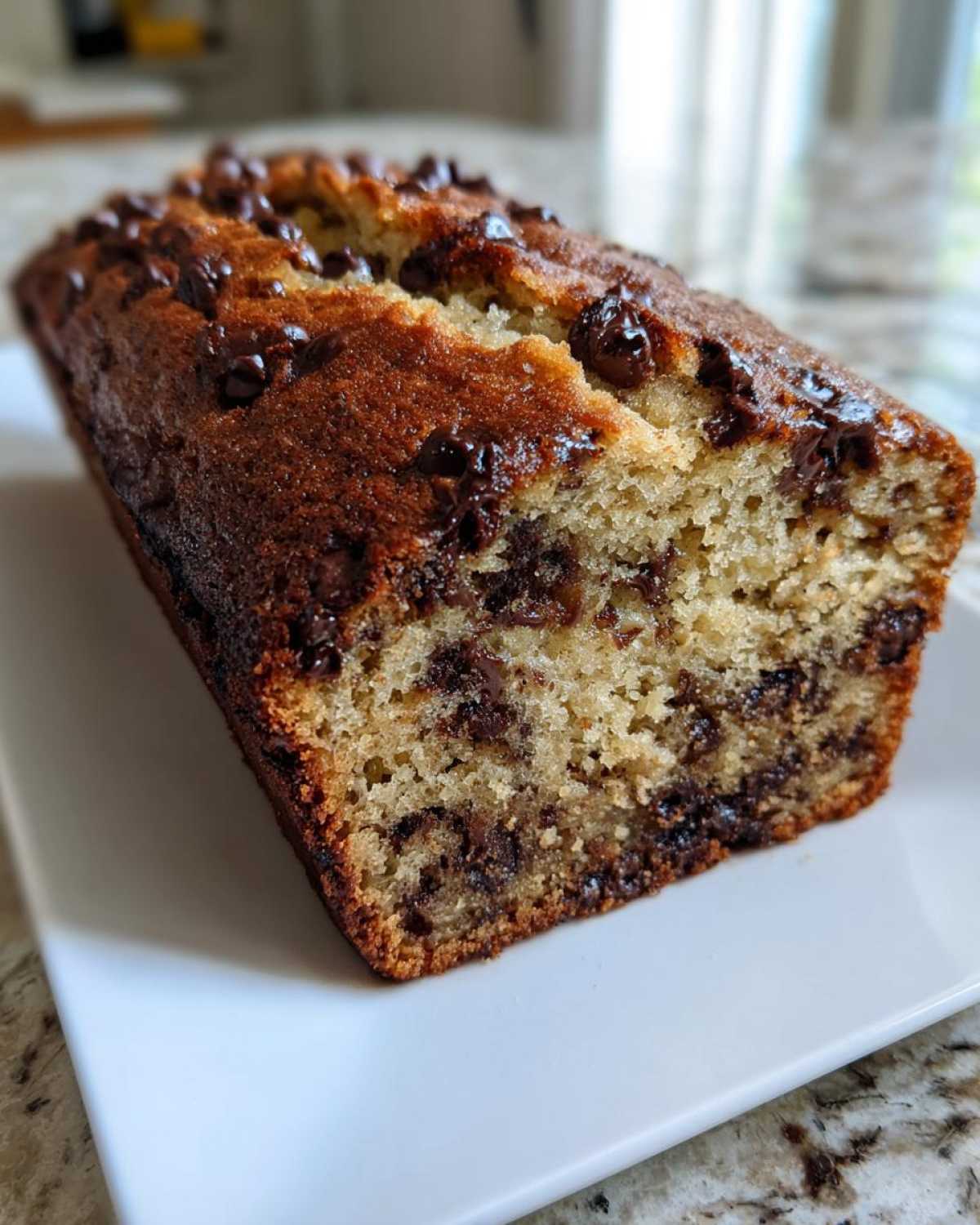 A freshly baked, moist Chocolate Chip Banana Bread loaf sitting on a white plate, showing melted chocolate chips throughout.