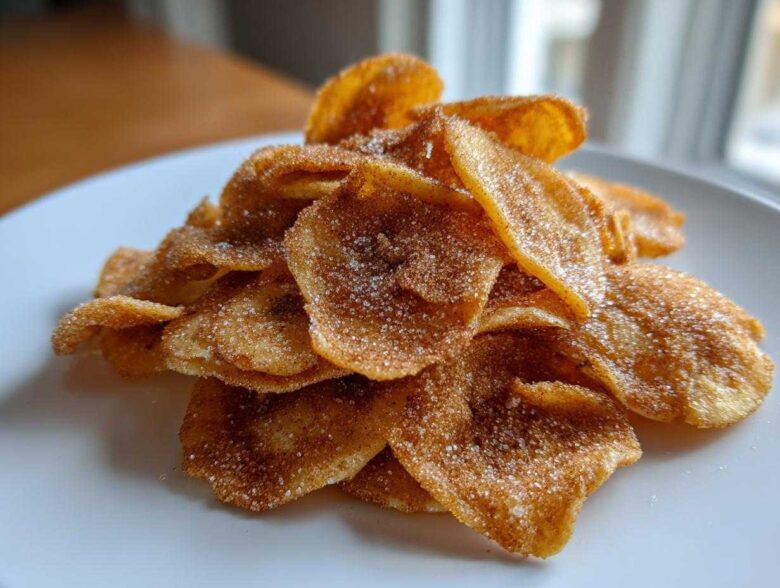 A close-up of crispy Cinnamon Sugar Air Fryer Banana Chips piled high on a white plate.