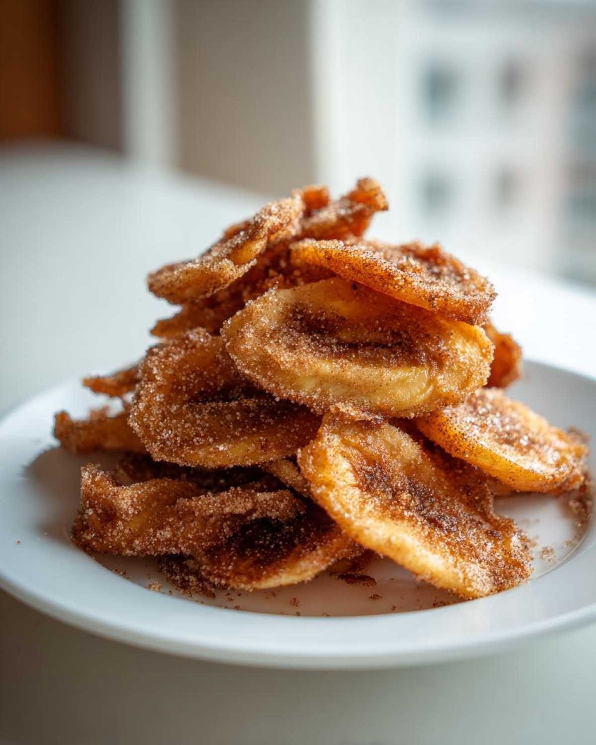 A close-up stack of crispy Cinnamon Sugar Air Fryer Banana Chips piled high on a white plate.