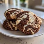 Three freshly baked Coffee Marble Cookies with distinct brown and white swirls stacked on a white plate.