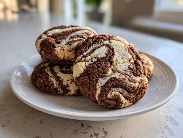 Three freshly baked Coffee Marble Cookies with distinct brown and white swirls stacked on a white plate.