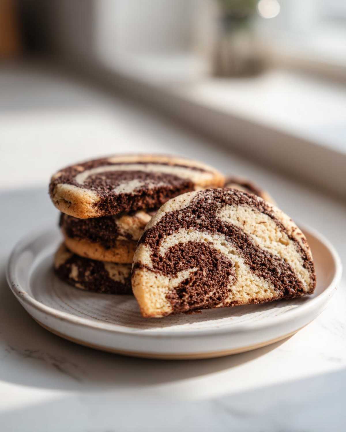 A stack of freshly baked Coffee Marble Cookies showing a distinct dark brown and light swirl pattern.