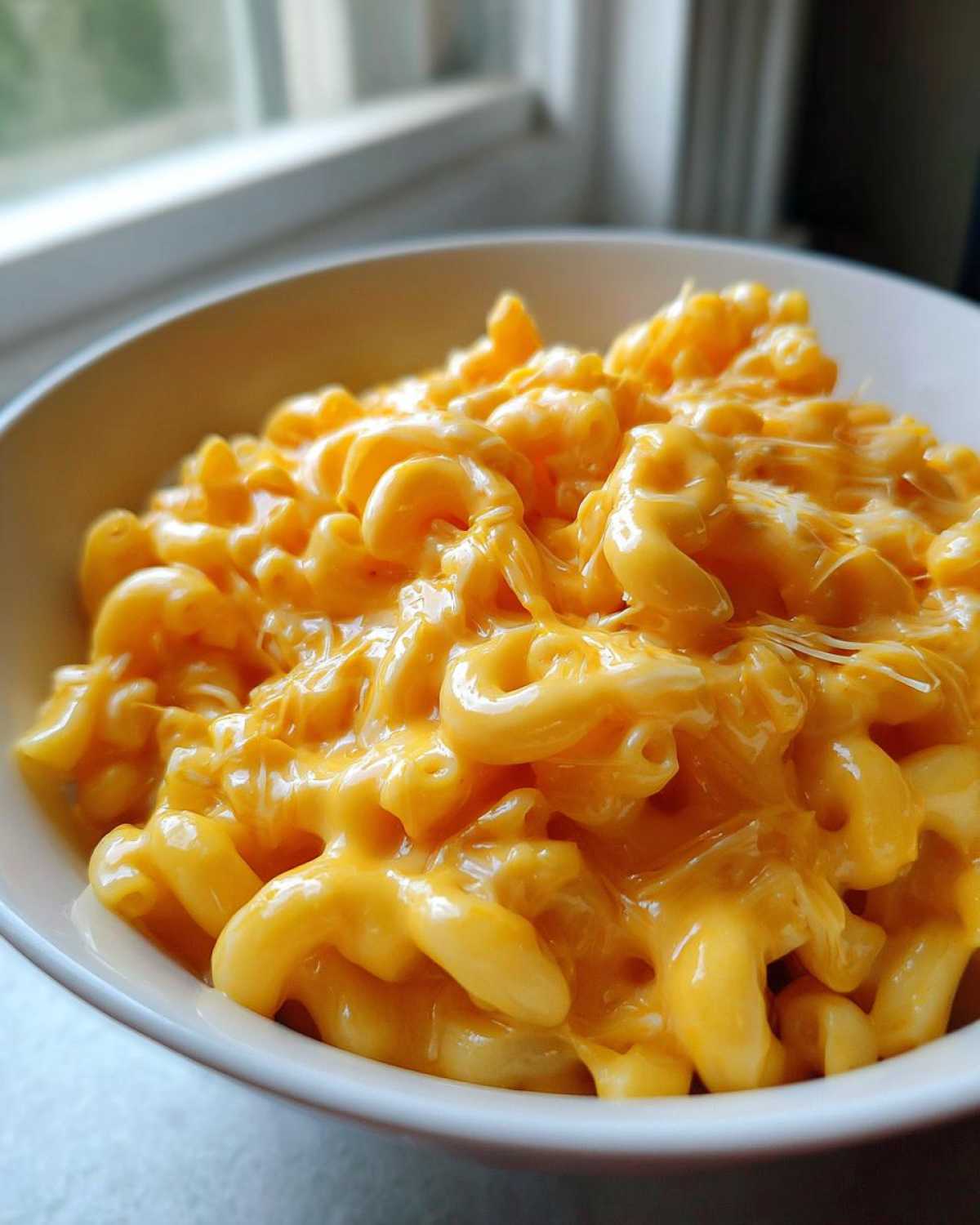 A close-up, appetizing view of creamy, bright orange 3-Cheese Mac and Cheese served in a white bowl near a window.