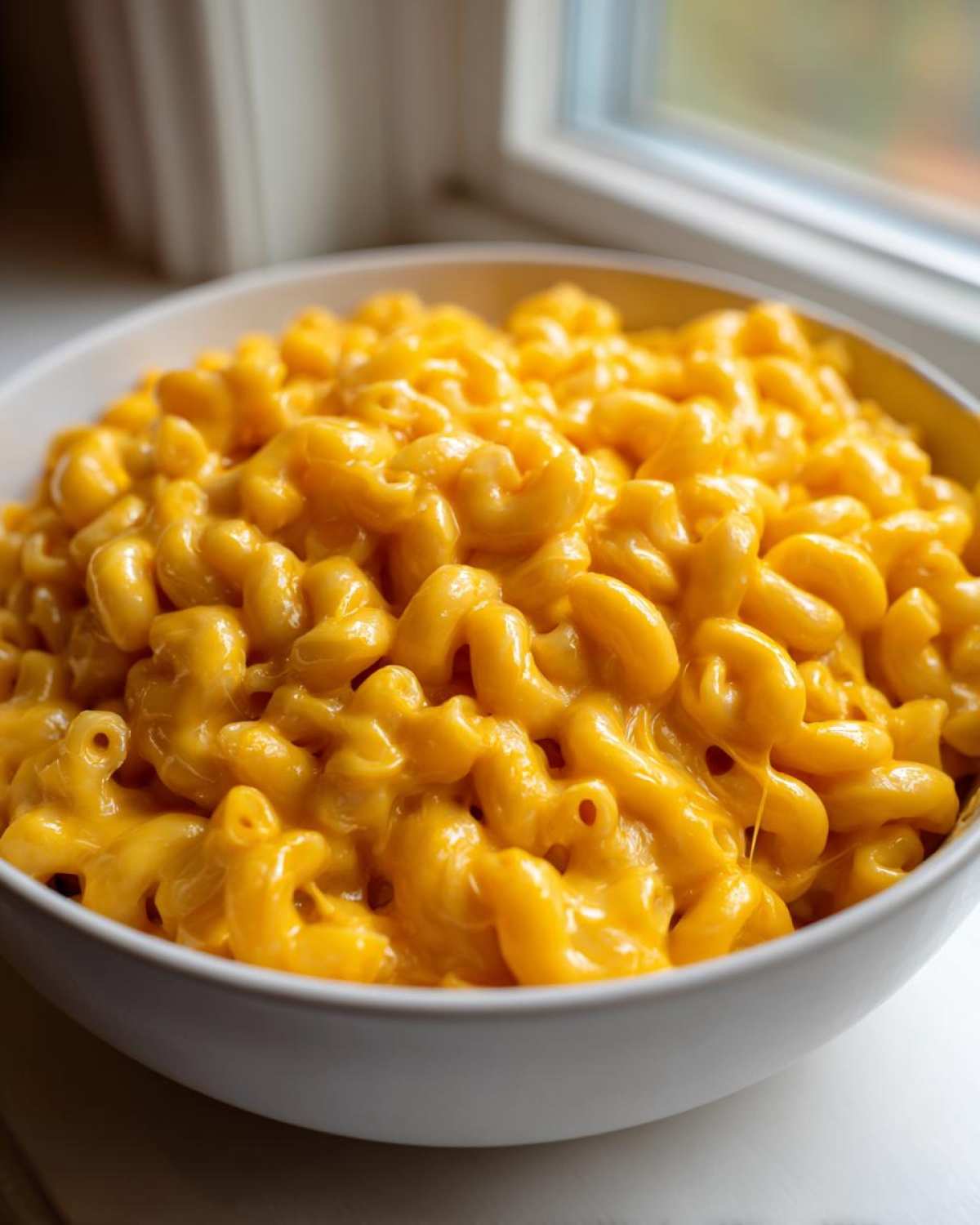Close-up of a white bowl filled with rich, creamy, bright orange 3-Cheese Mac and Cheese.