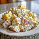 A close-up mound of creamy Baked Potato Salad featuring chunks of red-skinned potatoes, red onion, and green onions on a white plate.