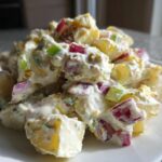 A mound of creamy Baked Potato Salad featuring chunks of yellow potato, red onion, and green celery coated in a light dressing.