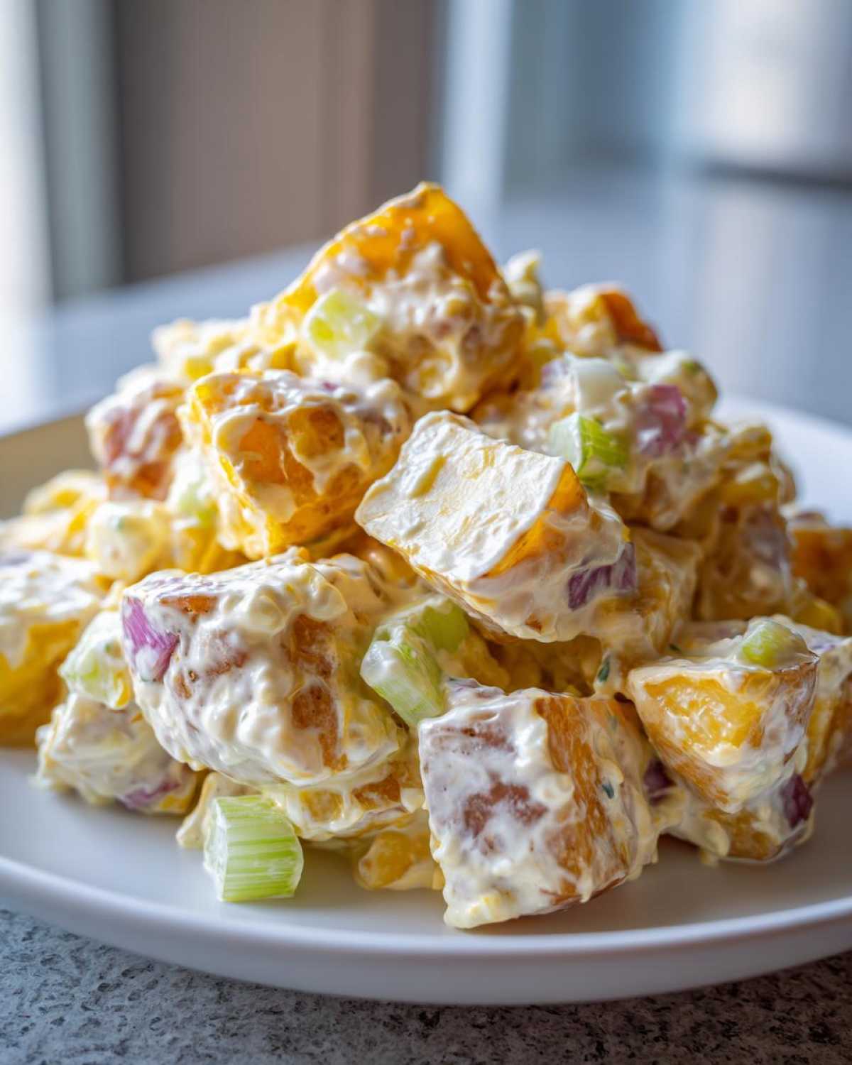 Close-up of a mound of creamy Baked Potato Salad featuring chunks of golden potato, red onion, and celery.