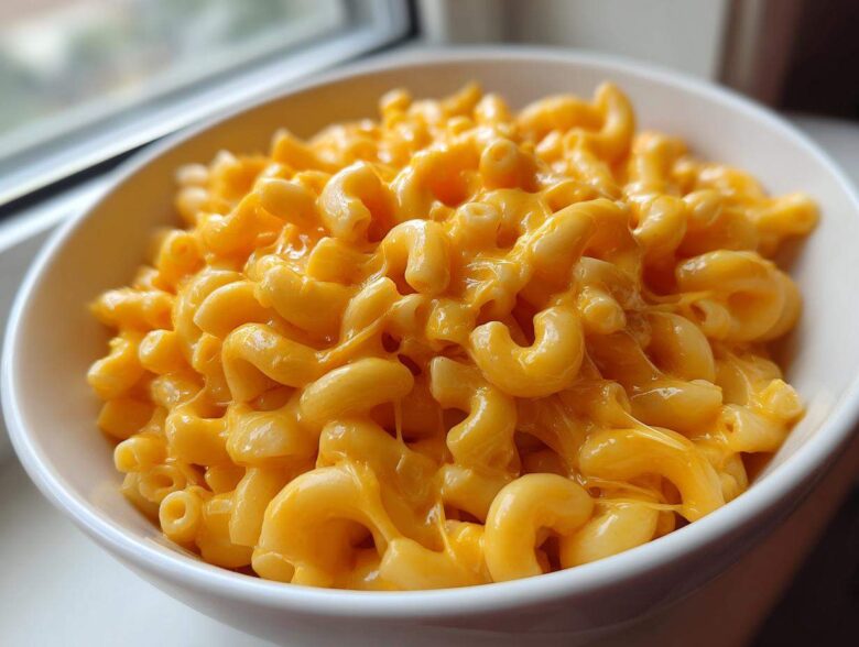 Close-up of a white bowl filled with rich, creamy, and cheesy Mac and Cheese.