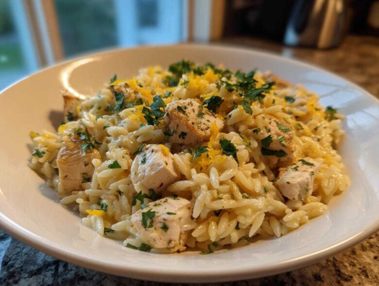 A close-up view of a serving of creamy Chicken Orzo mixed with cubed chicken breast, topped with parsley and lemon zest.