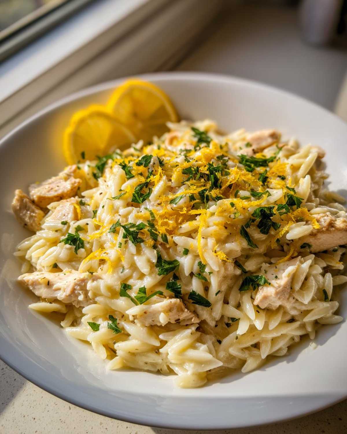 A close-up of creamy Chicken Orzo pasta mixed with chunks of chicken, topped with lemon zest and parsley.