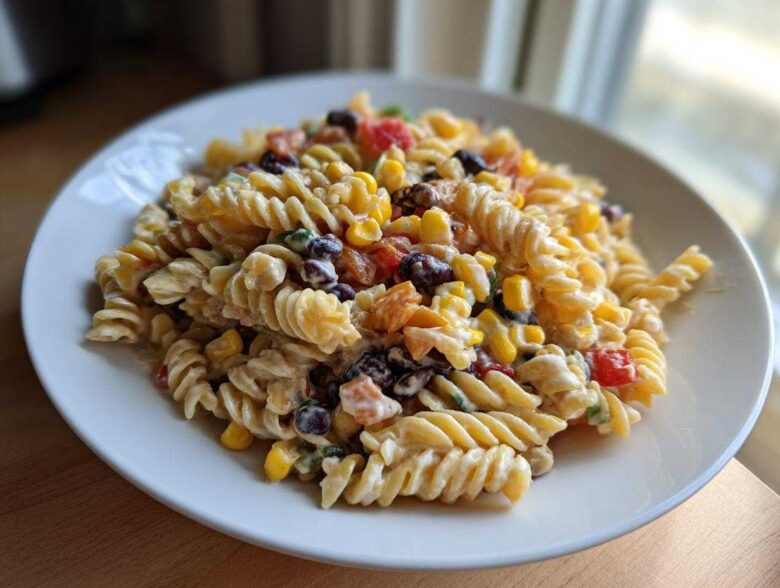 A close-up of a creamy Corn pasta salad featuring rotini pasta, yellow corn, and black beans on a white plate.