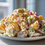 A close-up of a mound of creamy Hellman's Potato Salad topped with diced red onion, celery, and paprika.