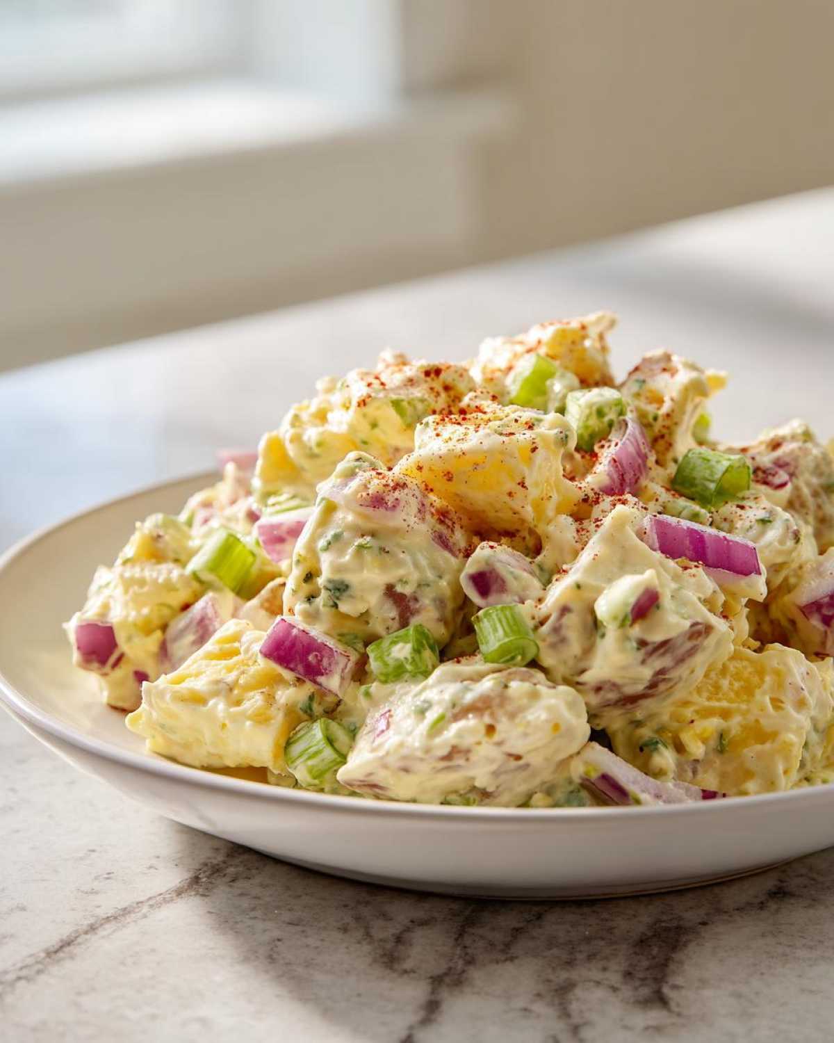 A close-up of creamy Hellman's Potato Salad featuring chunks of potato, red onion, green celery, and a paprika sprinkle.