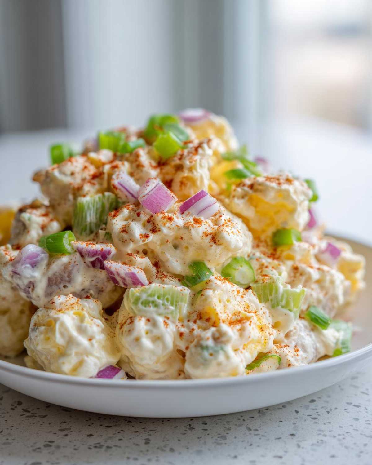 Close-up of creamy Hellman's Potato Salad topped with chopped red onion, celery, and paprika.