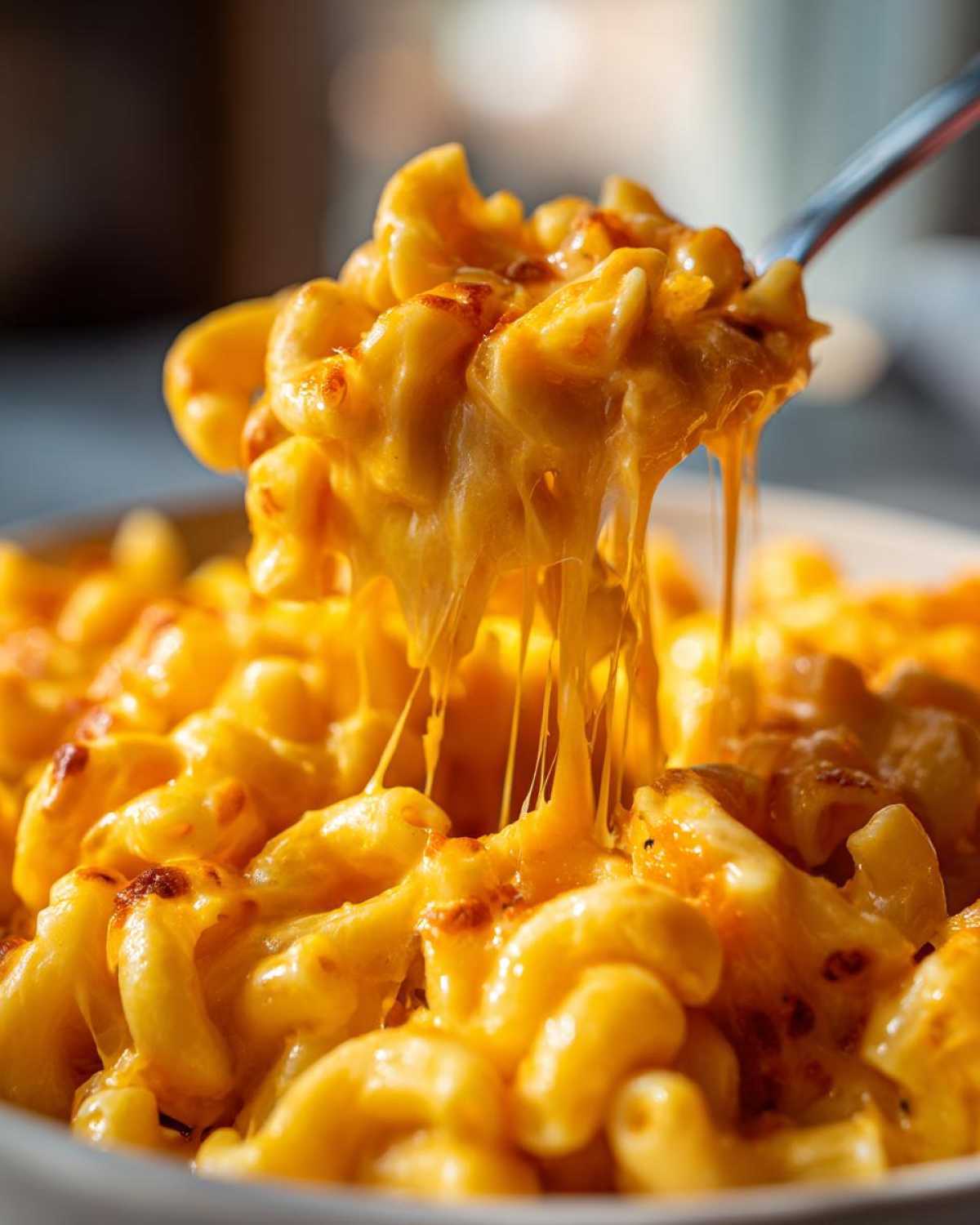 A spoonful of rich, baked Creamy Mac and Cheese showing extreme, long cheese pulls.