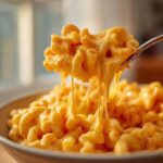 Close-up of a spoonful of rich, orange Creamy Mac and Cheese with dramatic cheese pulls.